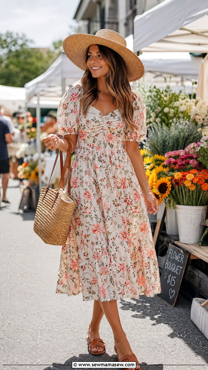 Flowy Floral Midi Dress With Straw Hat - 35 summer cottagecore outfit ideas