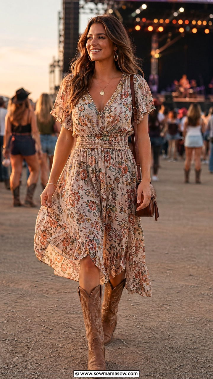 Flowy Floral Midi Dress with Tan Cowboy Boots - 35 country concert outfit ideas for women