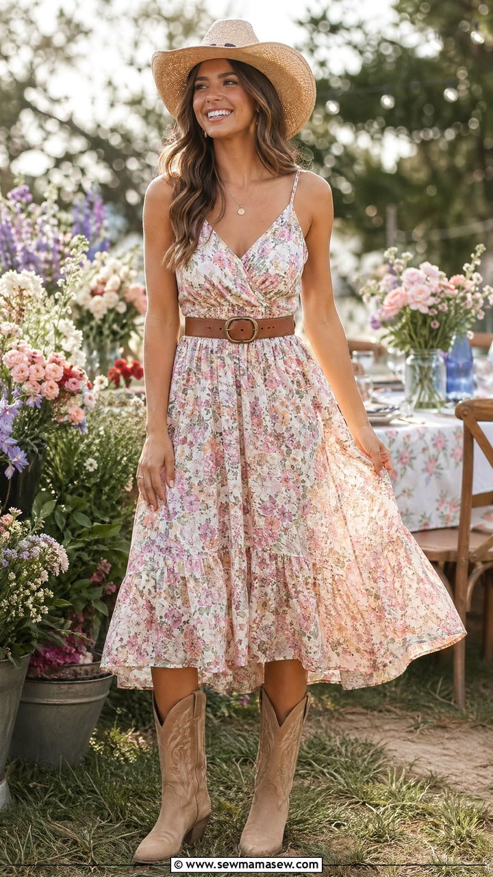 Flowy Floral Sundress With Cowboy Hat - 35 Cowgirl outfit ideas