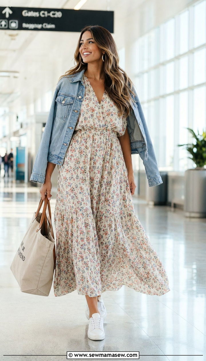 Flowy Maxi Dress White Sneakers Airport Outfit - 30 Airport outfit ideas aesthetic