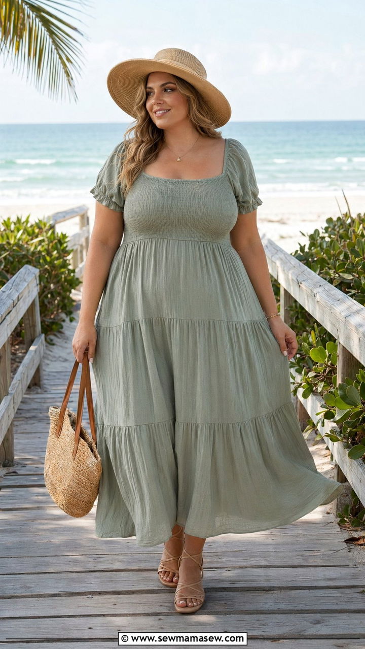 Flowy Maxi Dress With A Wide Brim Hat - 35 Postpartum outfit ideas plus size