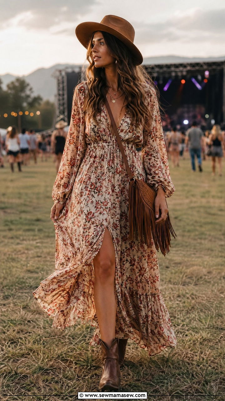 Flowy Maxi Dress With Ankle Boots and Wide Brim Hat - 35 concert outfit ideas for women