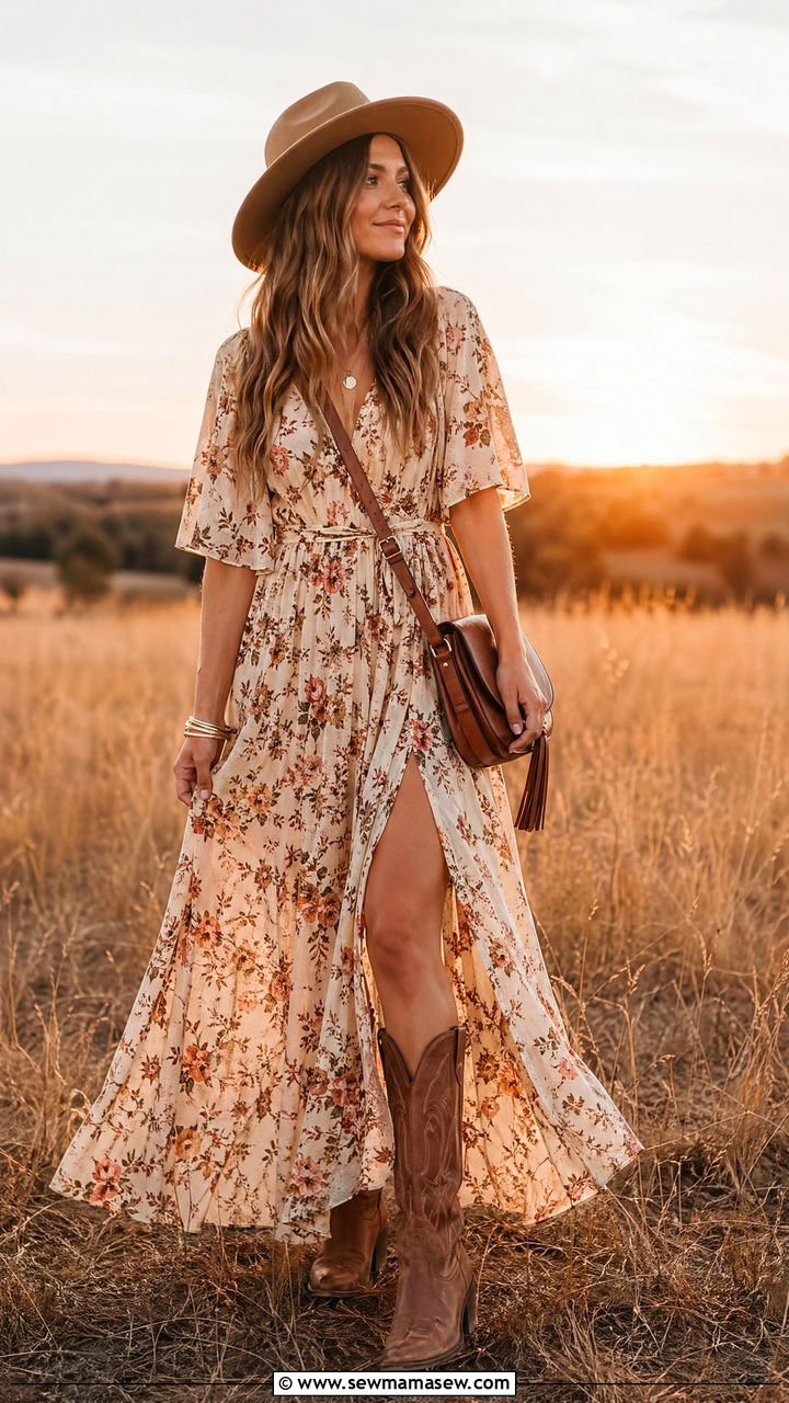 Flowy Maxi Dress With Cowboy Boots - 35 what to wear to a concert
