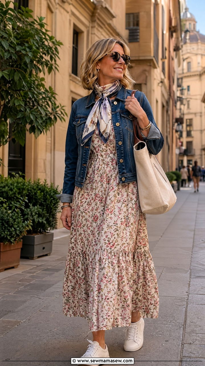 Flowy Maxi Dress With Denim Jacket - 35 Vacation outfit ideas for women over 40