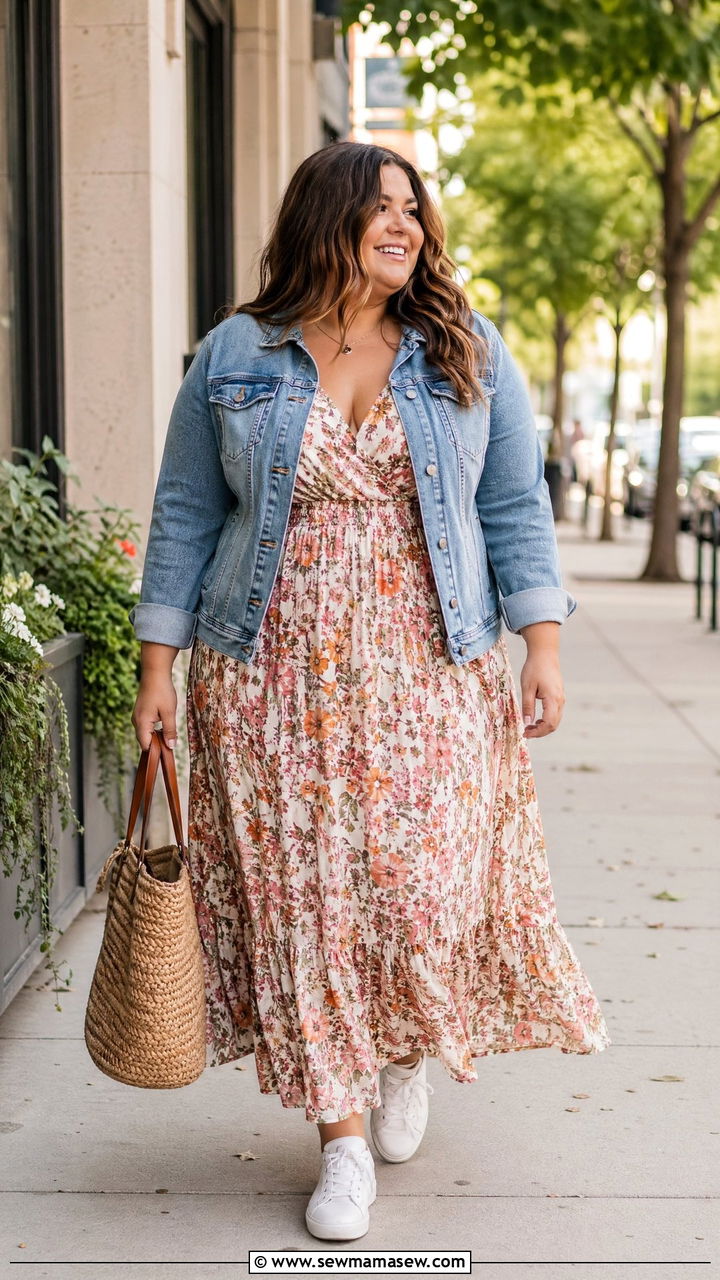 Flowy Maxi Dress With Denim Jacket Outfit - 35 work outfits for plus size women