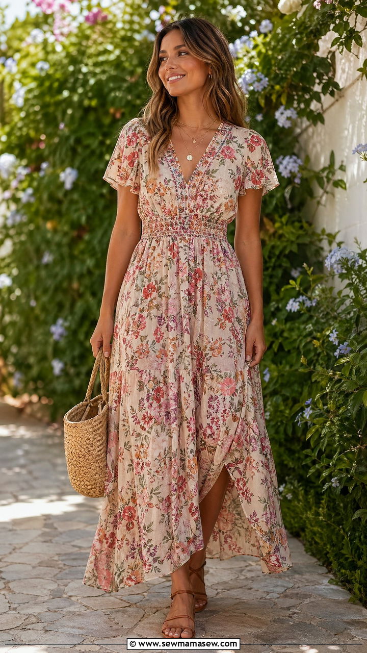 Flowy Maxi Dress With Flat Sandals And A Straw Tote - 35 casual outfits aesthetic