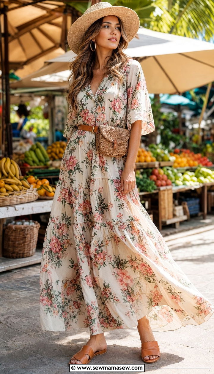 Flowy Maxi Dress With Flat Sandals Vacation - 35 Modest outfit ideas for travel