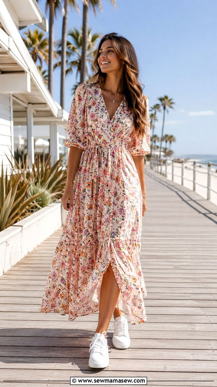 Flowy Maxi Dress With Slim White Sneakers - 30 sneaker outfits for women