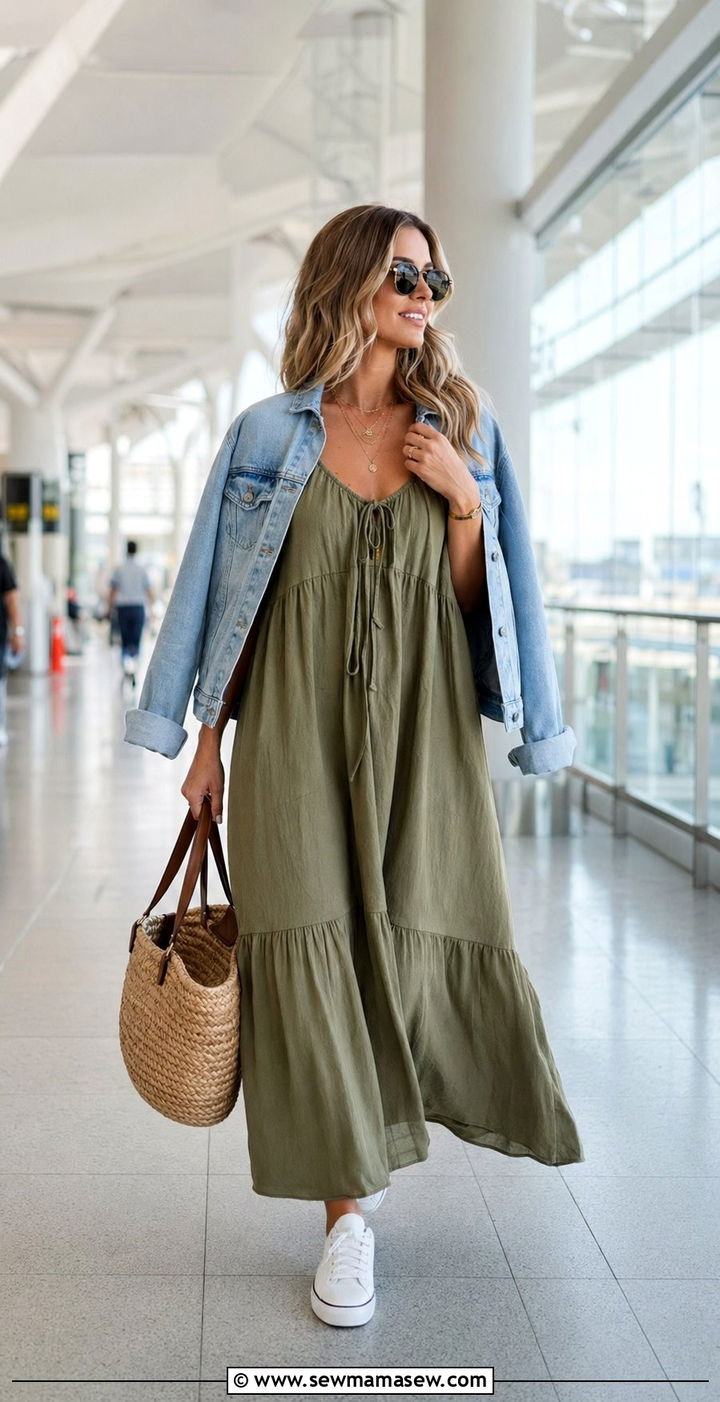 Flowy Maxi Dress With Sneakers - 30 Airport outfit ideas long haul flight