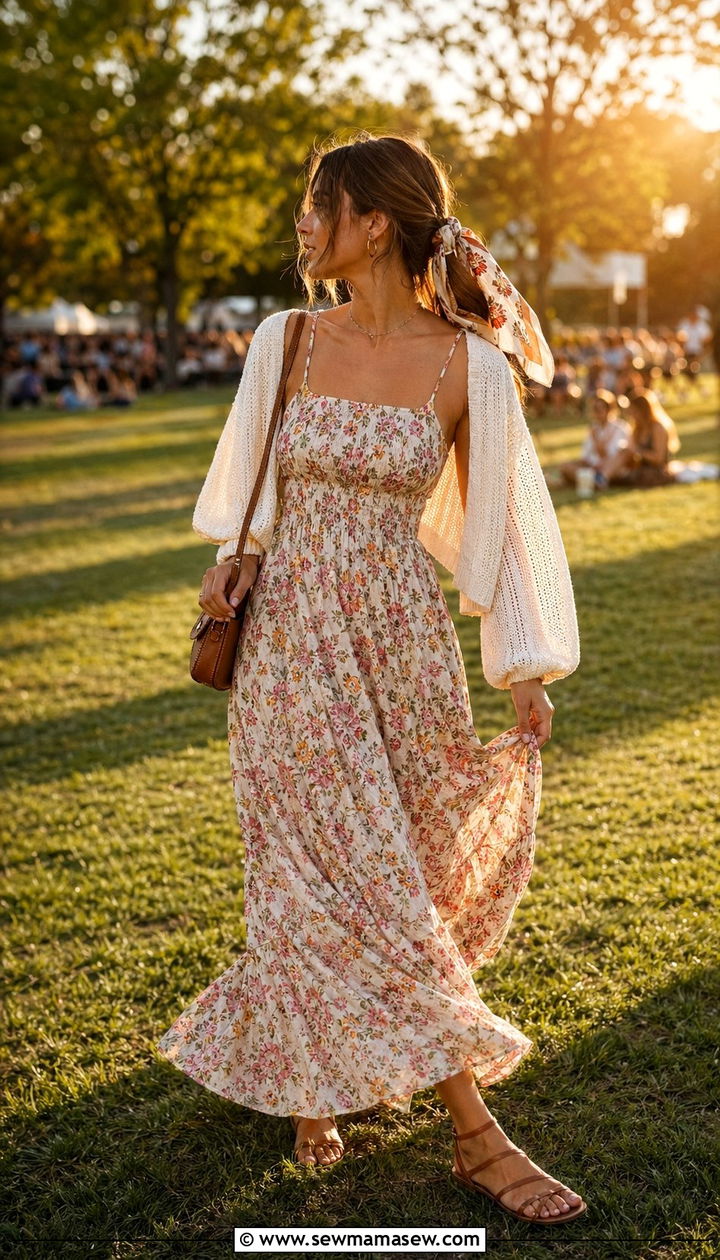 Flowy Maxi Dress With Strappy Sandals Outdoor Concert Look - 30 what to wear to a summer concert