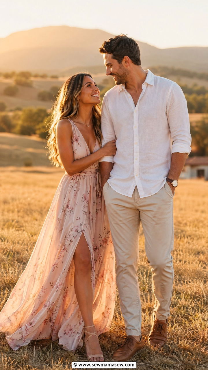 Flowy Maxi Dress and Button Down Shirt Golden Hour Couple Outfit - 35 Couples photoshoot outfit ideas