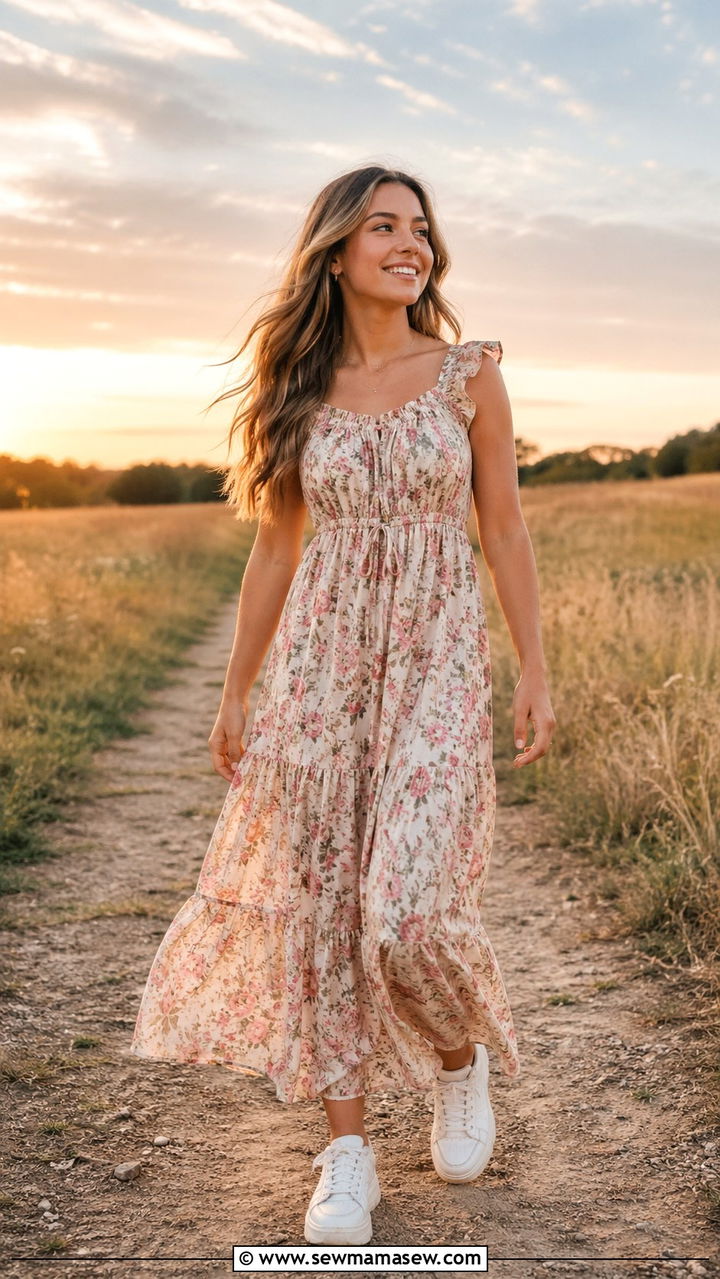Flowy Maxi Dress with Chunky Sneakers - 30 Senior portrait outfit ideas 2026