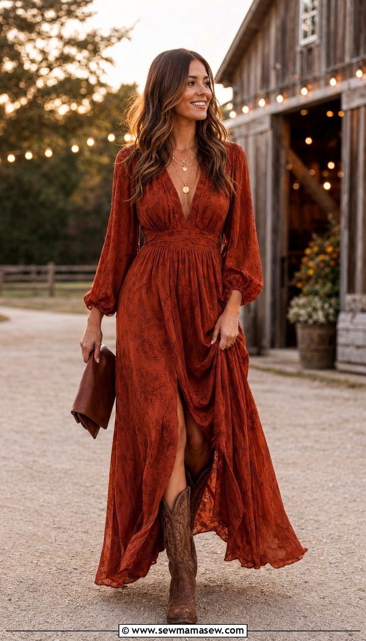 Flowy Maxi Dress with Cowboy Boots - 30 Barn wedding guest outfit ideas