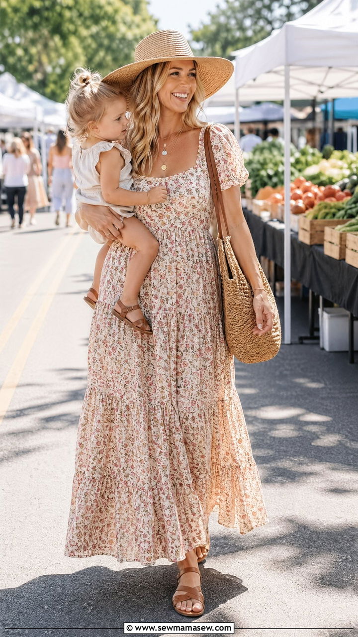 Flowy Maxi Dress with Flat Sandals Outfit - 35 Summer outfits for busy moms