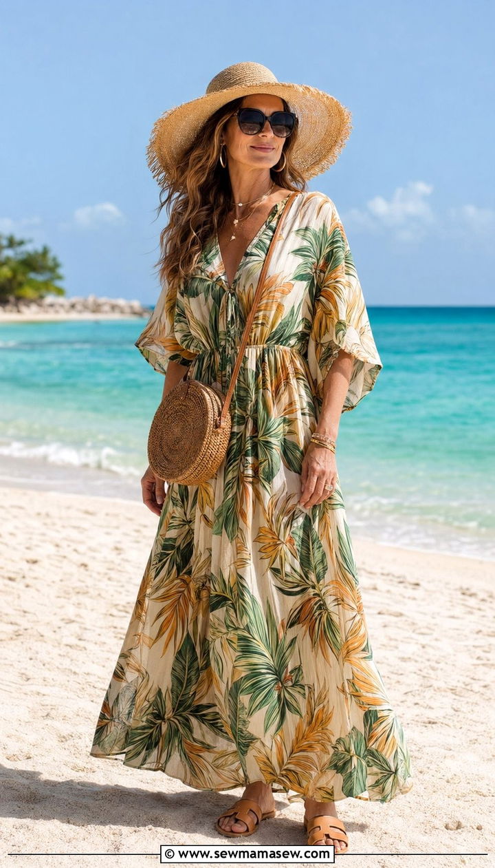 Flowy Maxi Dress with Flat Sandals and a Wide Brim Hat - 35 Resort wear outfit ideas for women over 40