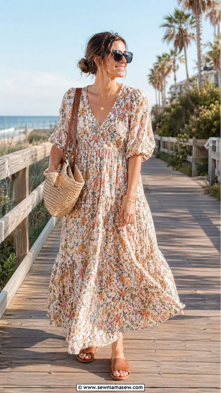 Flowy Maxi Dress with Flat Slides Outfit - 35 casual outfits for new moms