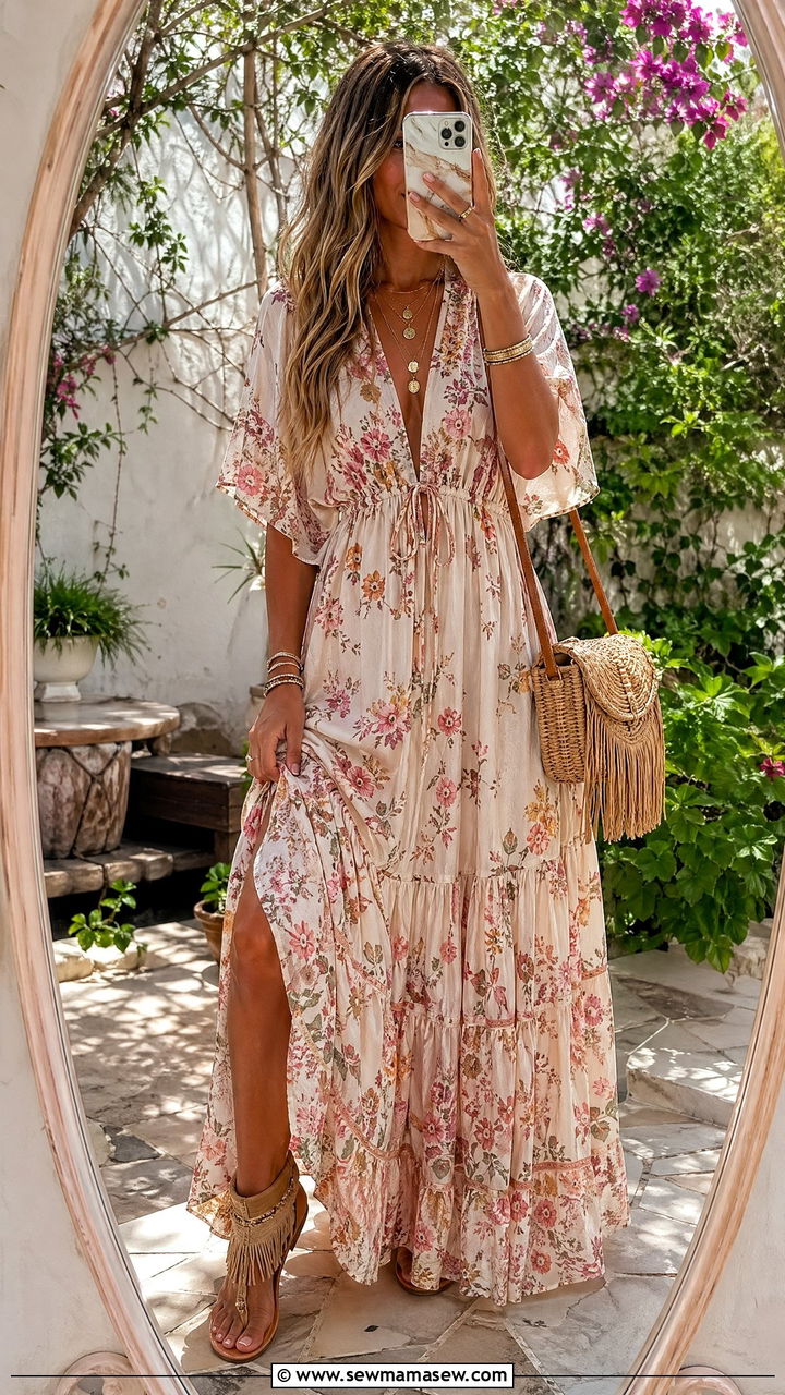 Flowy Maxi Dress with Fringe Sandals - 35 summer boho chic outfit ideas