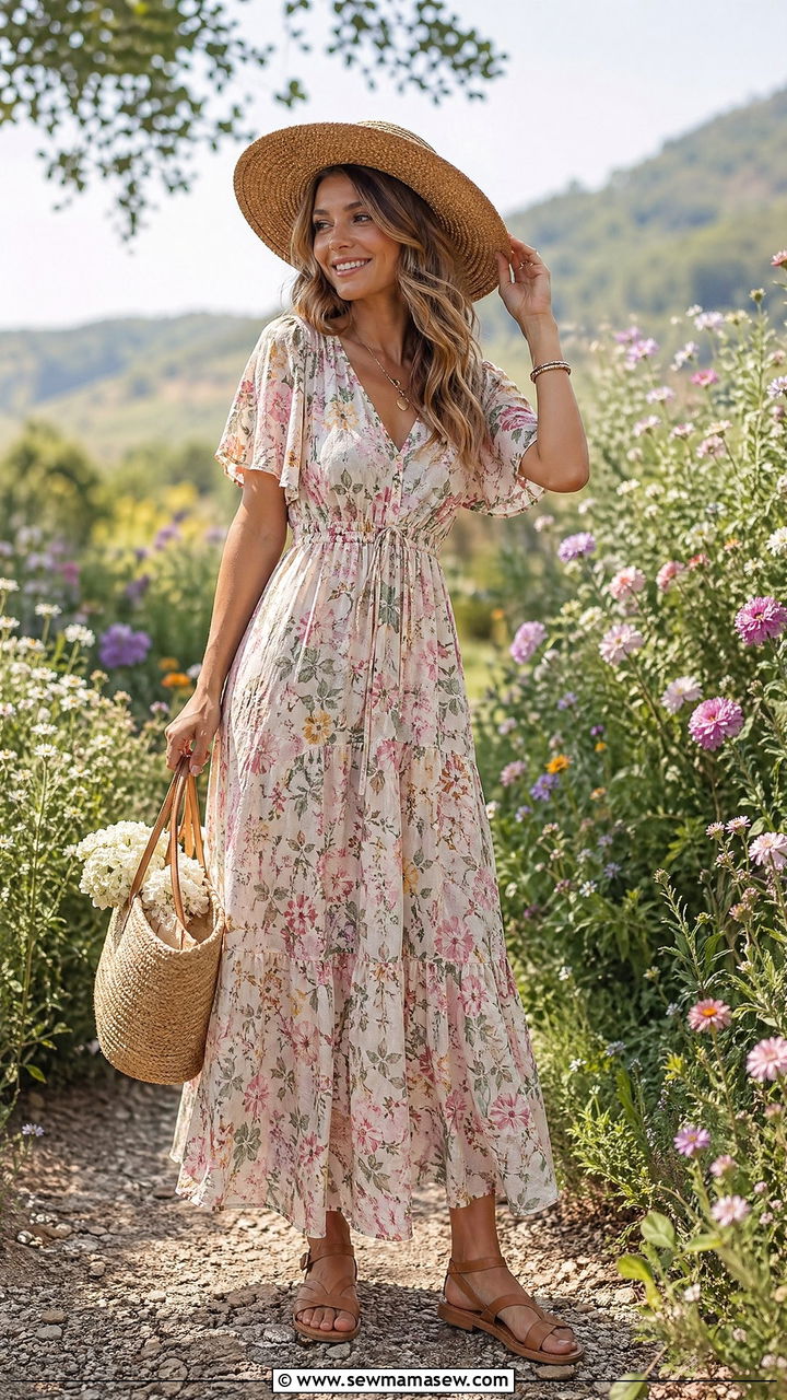 Flowy Maxi Dress with Straw Hat Outfit - 35 spring outfit ideas casual