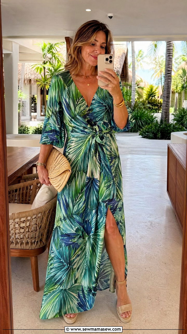 Flowy Maxi Dress with Wedge Sandals - 35 Summer outfits for women over 40
