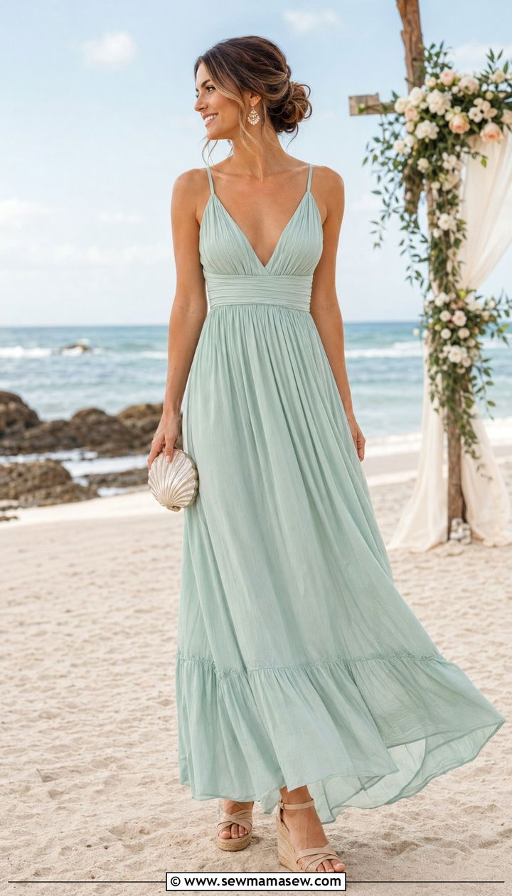 Flowy Maxi Dress with Wedge Sandals for Beach Ceremonies - 35 Outdoor wedding guest outfit ideas
