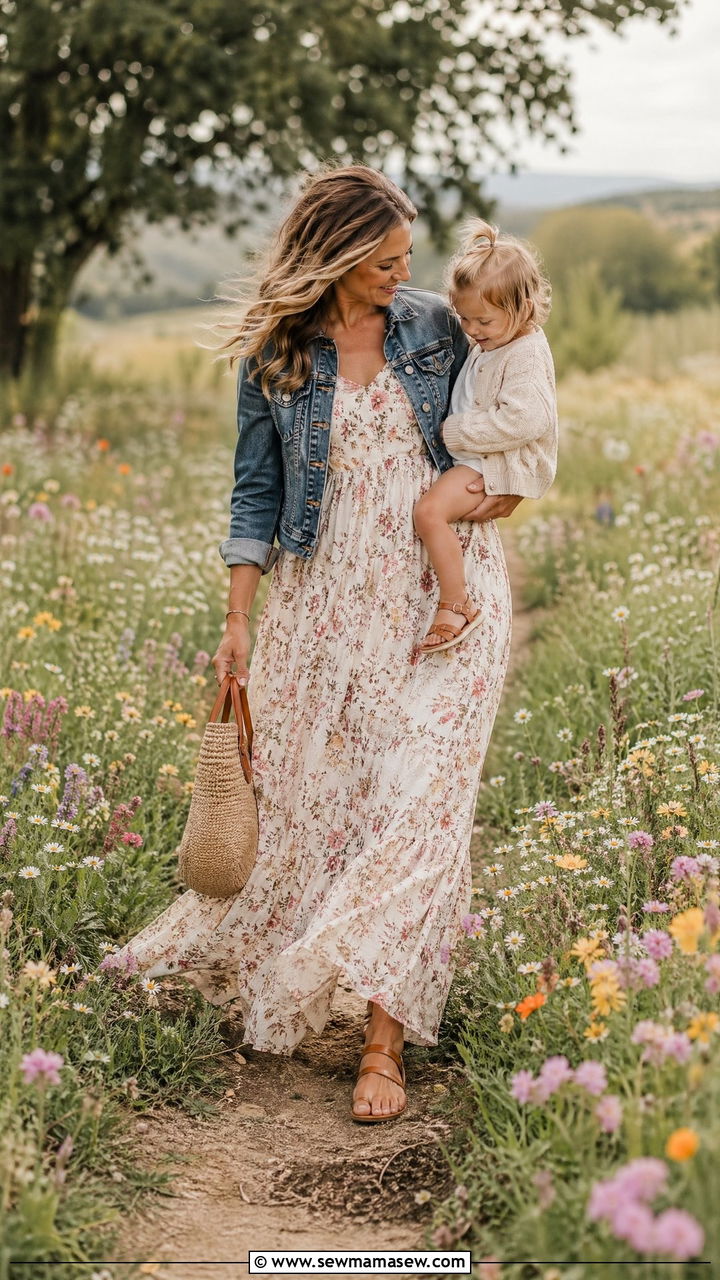 Flowy Maxi Dress with a Denim Jacket - 35 Spring outfit ideas for mom