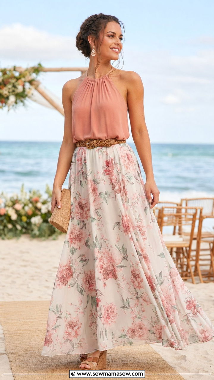 Flowy Maxi Skirt And Blouse With Wedge Sandals - 35 Outdoor wedding guest outfits