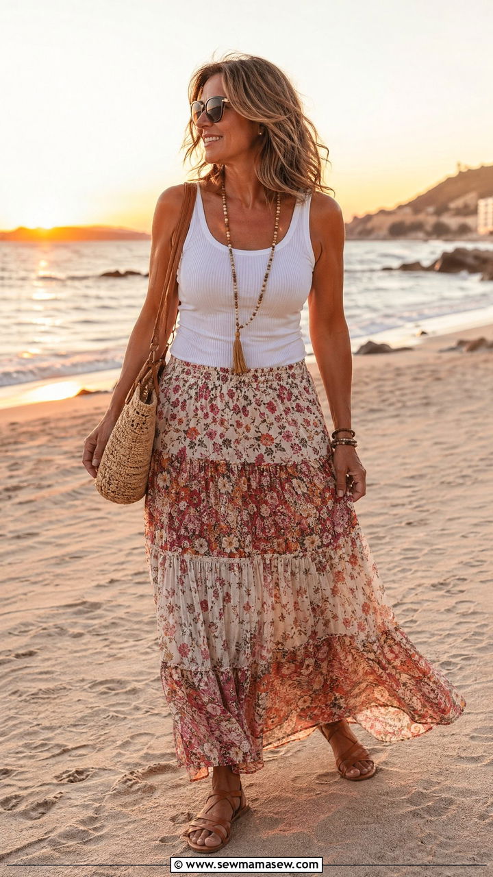 Flowy Maxi Skirt With Fitted Tank Top - 35 Vacation outfit ideas for women over 40