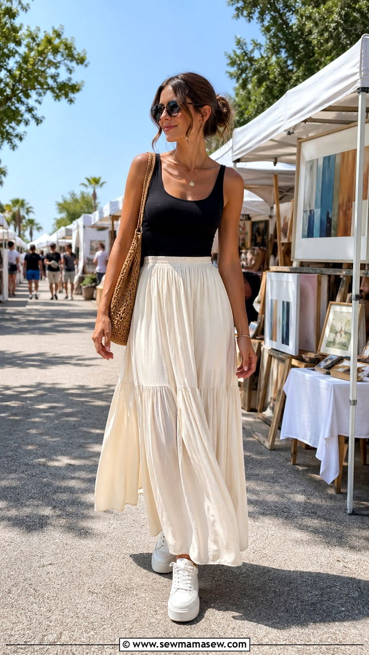 Flowy Maxi Skirt With Tank Top and Platform Sneakers - 30 sneaker outfits for women