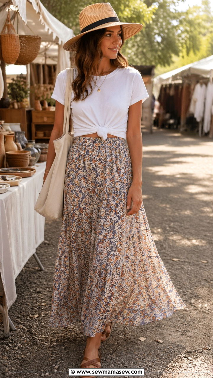 Flowy Maxi Skirt With a Knotted White Tee for an Outdoor Market - 30 Spring outdoor outfits