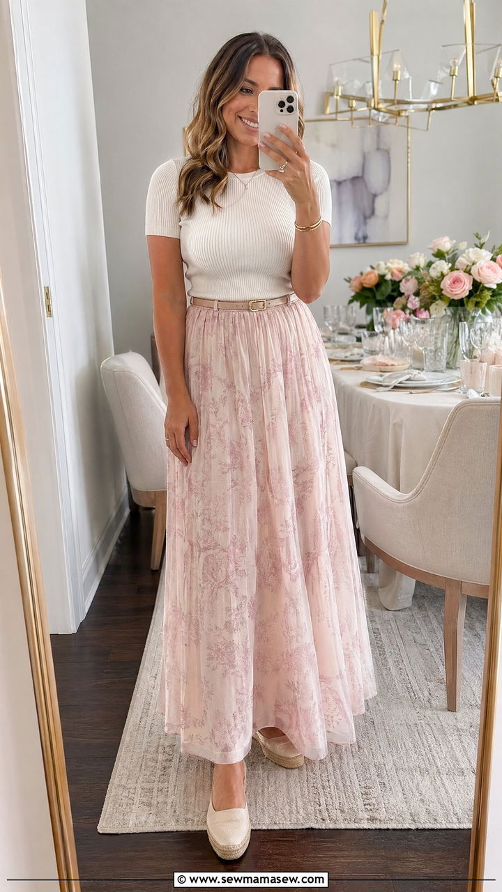 Flowy Maxi Skirt with Fitted Knit Top Outfit - 35 spring baby shower outfit ideas