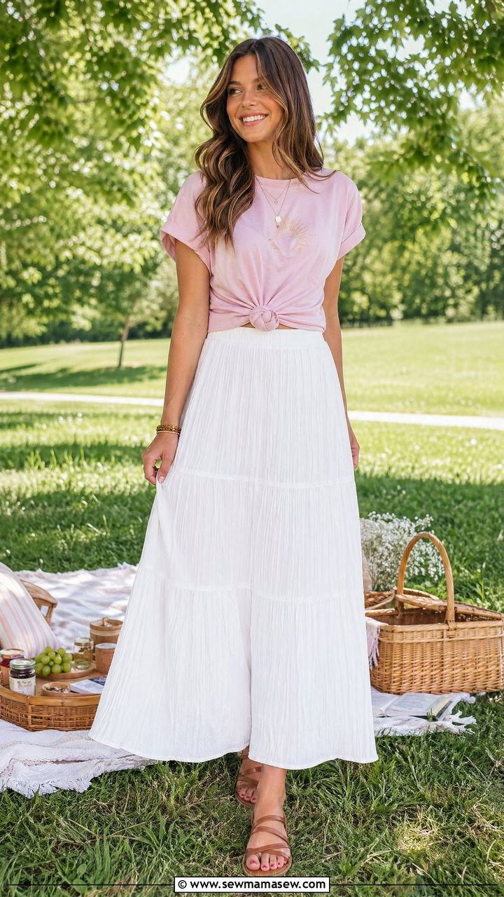 Flowy Maxi Skirt with Knotted Tee - 35 What to wear for a spring picnic