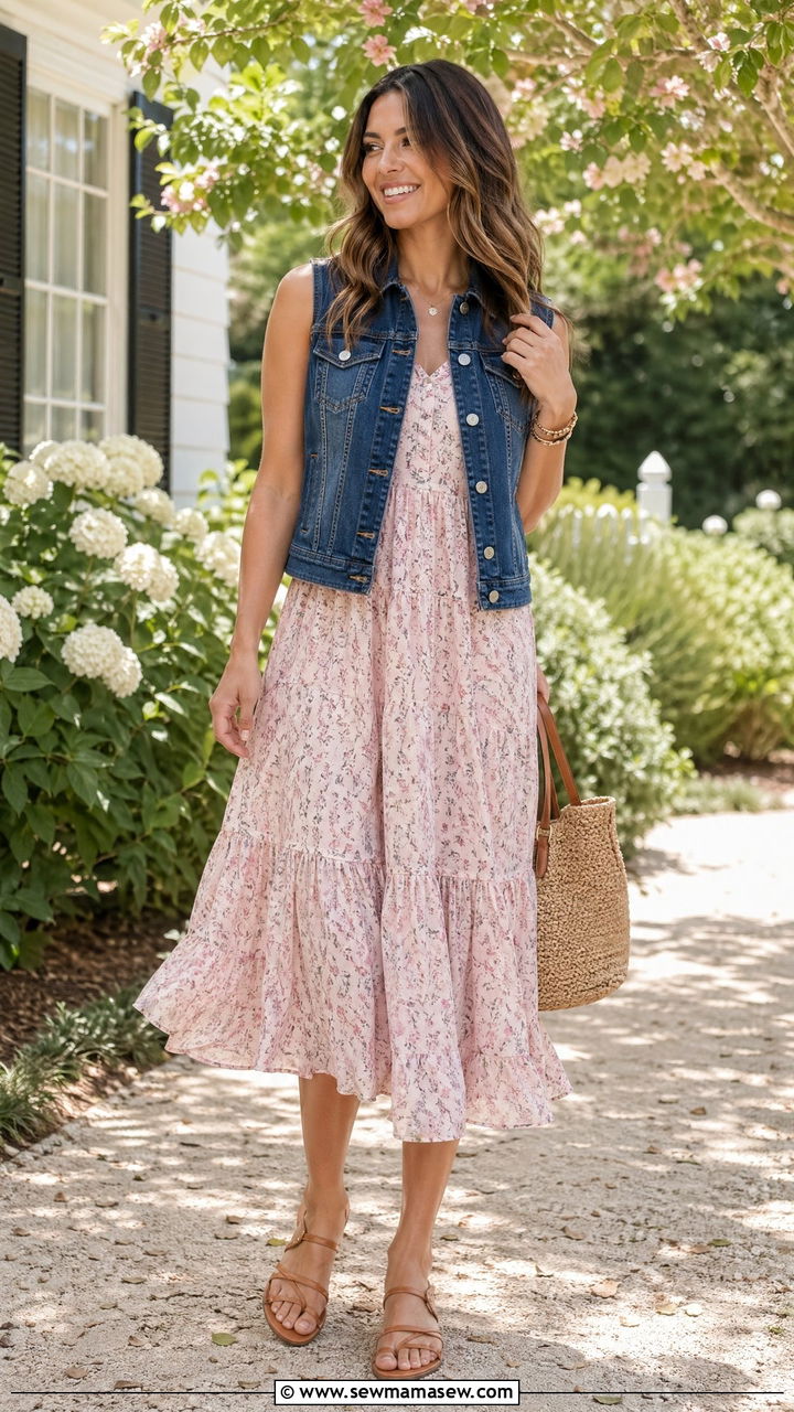 Flowy Midi Dress With A Denim Vest And Flat Sandals - 35 work outfits for moms