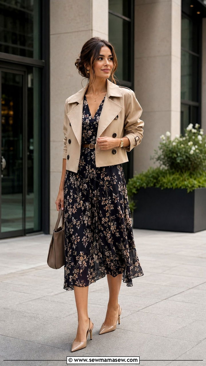 Flowy Midi Dress With A Tailored Crop Trench - 30 Work outfits for petite women