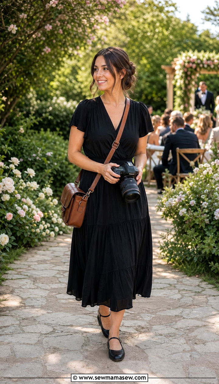 Flowy Midi Dress With Biker Shorts and Supportive Flats - 30 Wedding photographer outfit ideas