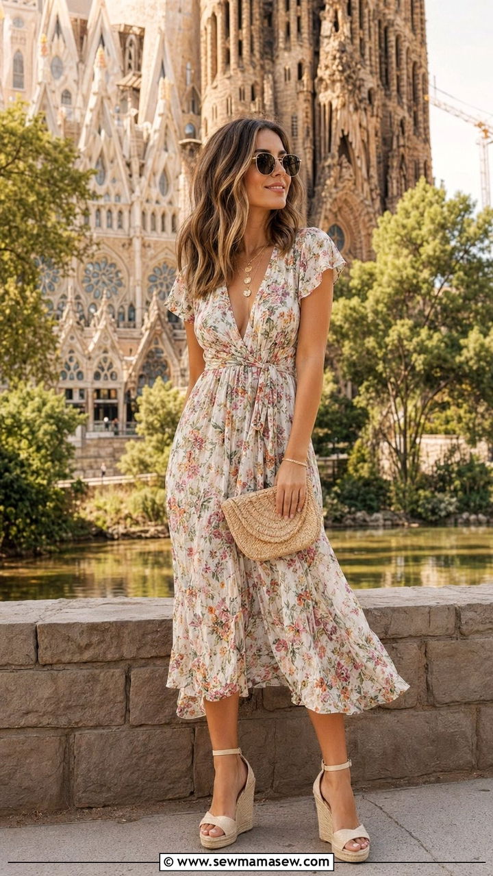 Flowy Midi Dress With Espadrille Wedges Barcelona Outfit - 30 Barcelona outfit ideas
