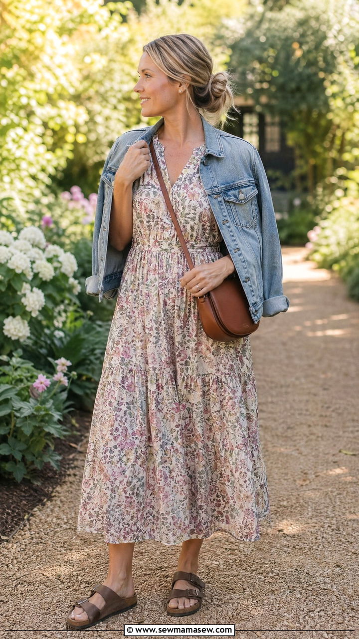 Flowy Midi Dress with Birkenstock Sandals Outfit - 35 Summer outfits for busy moms