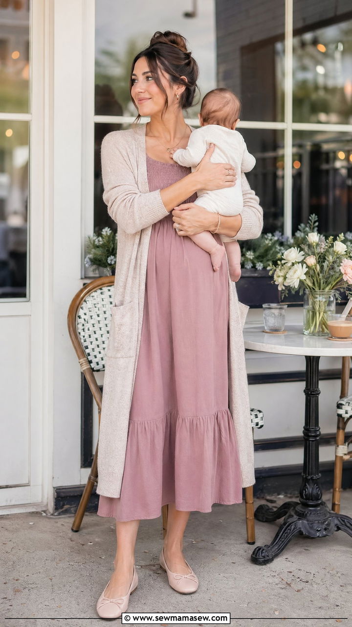 Flowy Midi Dress with Cardigan and Ballet Flats Outfit - 35 casual outfits for new moms