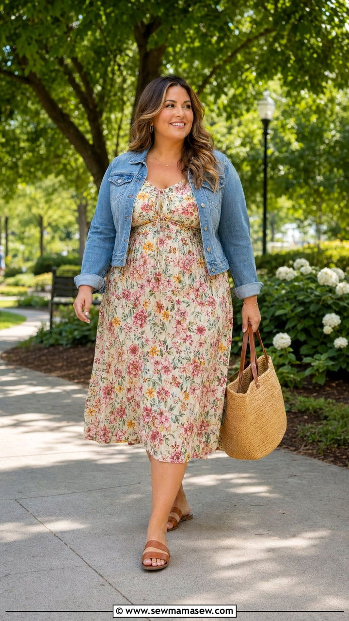 Flowy Midi Dress with Denim Jacket - 35 Plus size mom outfit ideas