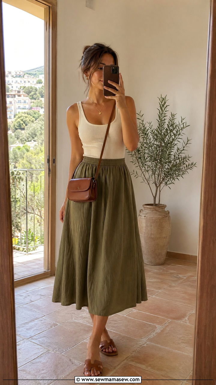 Flowy Midi Skirt With Fitted Tank Top and Leather Slides - 35 summer italy vacation outfit ideas