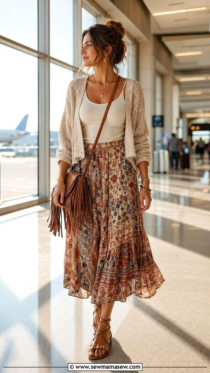 Flowy Midi Skirt and Tank Top Airport Outfit - 30 Airport outfit ideas warm weather destination