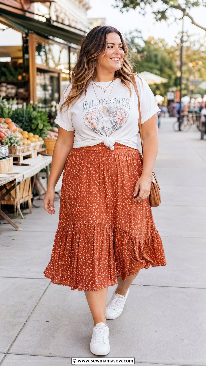 Flowy Midi Skirt with Graphic Tee and White Sneakers - 35 casual outfits for curvy women