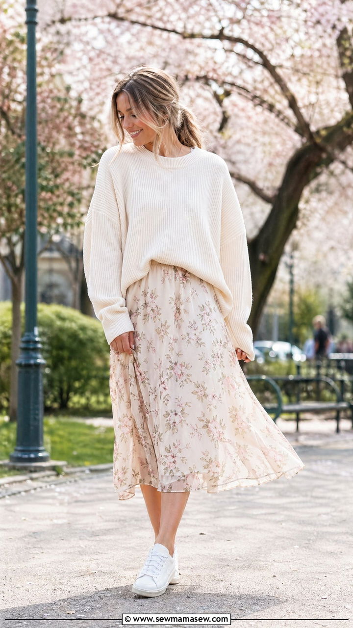 Flowy Midi Skirt with Oversized Sweater and Sneakers - 35 classy spring to summer outfits