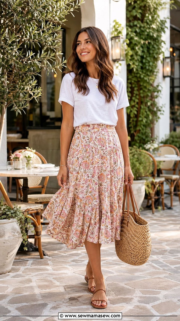 Flowy Midi Skirt with Tucked In Lightweight Tee - 30 80 degree weather outfits
