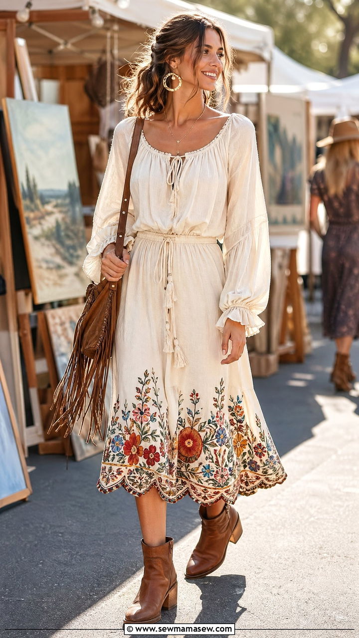 Flowy Peasant Top With Embroidered Midi Skirt - 35 Western boho outfit ideas
