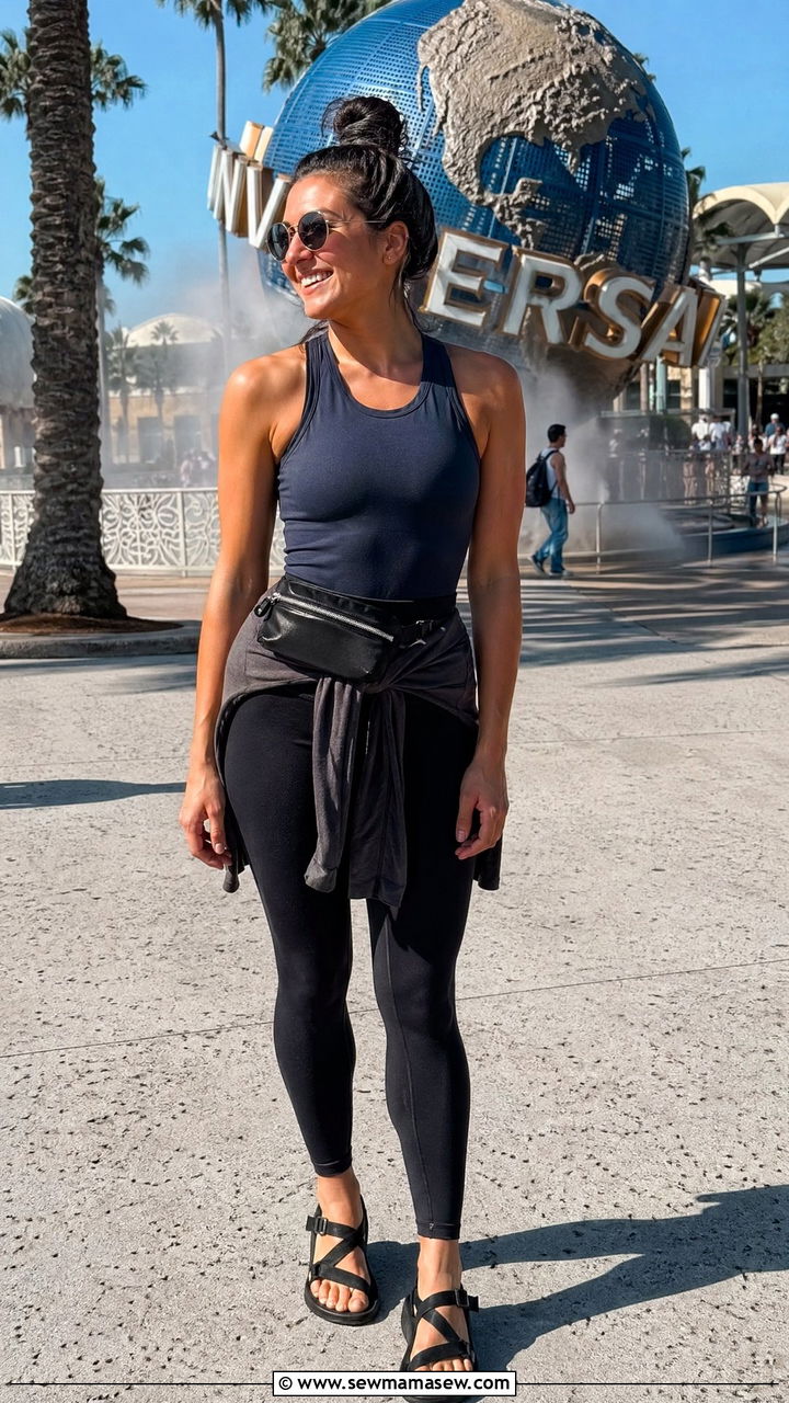 Flowy Tank Top With High Waisted Leggings And Sporty Sandals - 35 Universal Studios outfit ideas