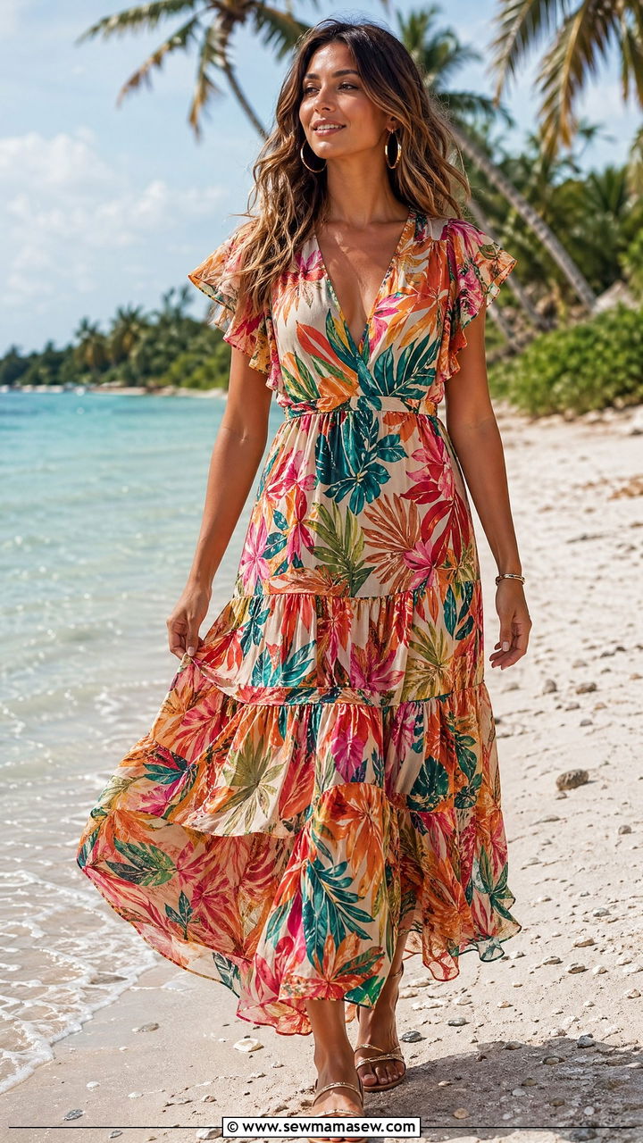 Flowy Tropical Print Maxi Dress With Strappy Sandals - 35 cute beach vacation outfits