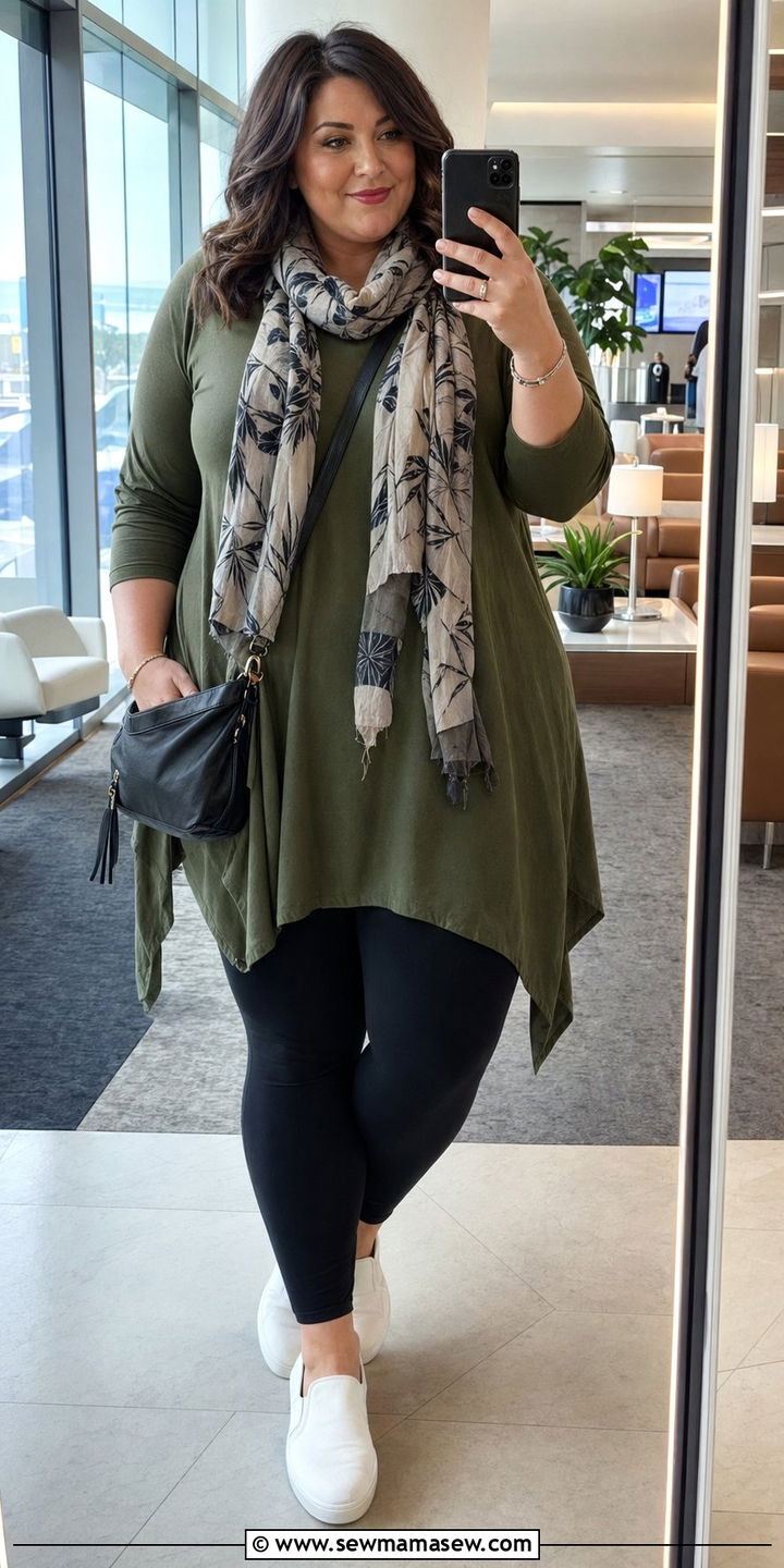 Flowy Tunic With Leggings And Slip On Sneakers - 30 Airport outfits plus size