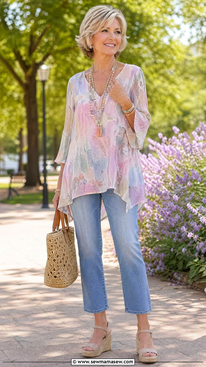 Flowy Tunic with Cropped Jeans and Wedge Sandals - 35 summer outfit ideas for women over 50