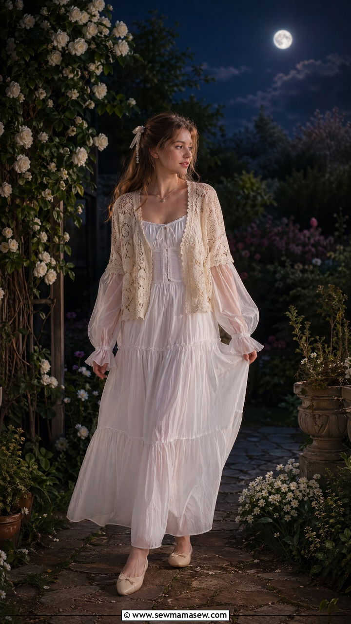 Flowy White Maxi Dress With Lace Cardigan - 35 cottagecore outfits for women