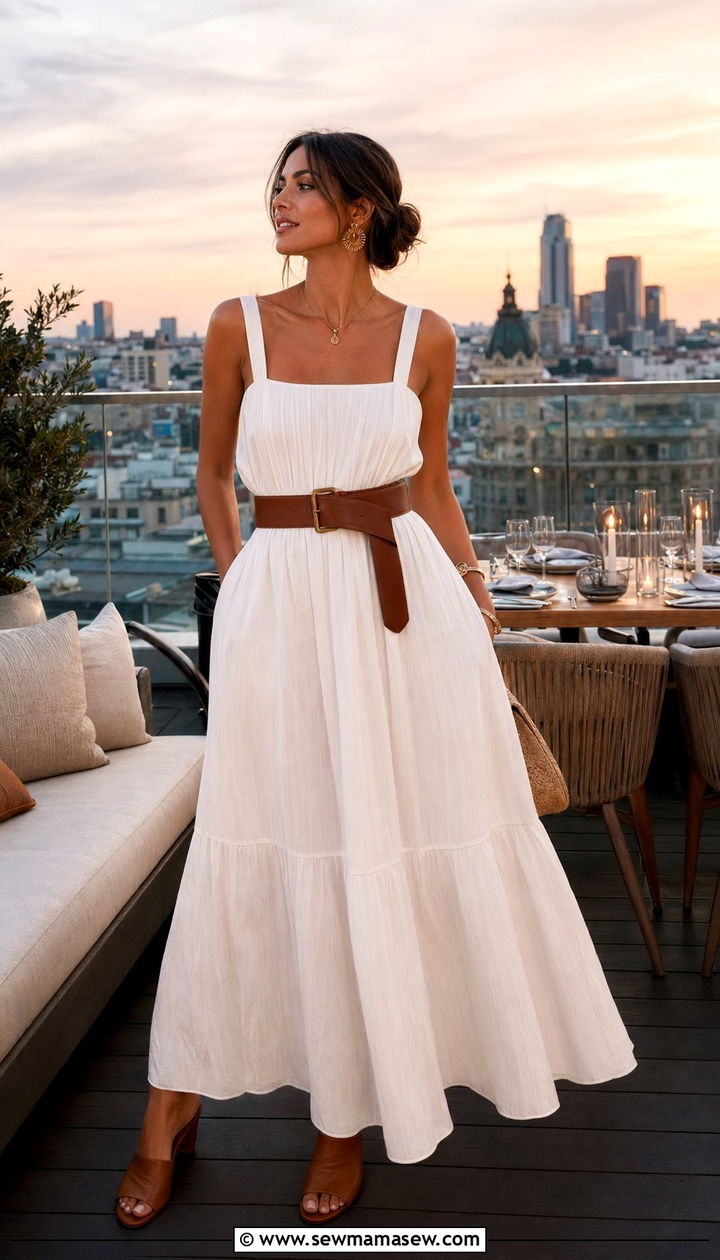 Flowy White Maxi Dress With a Wide Leather Belt and Mules - 30 Austin outfit ideas